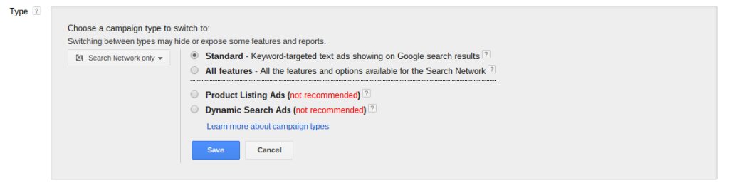 Google Adwords Campaign editing page